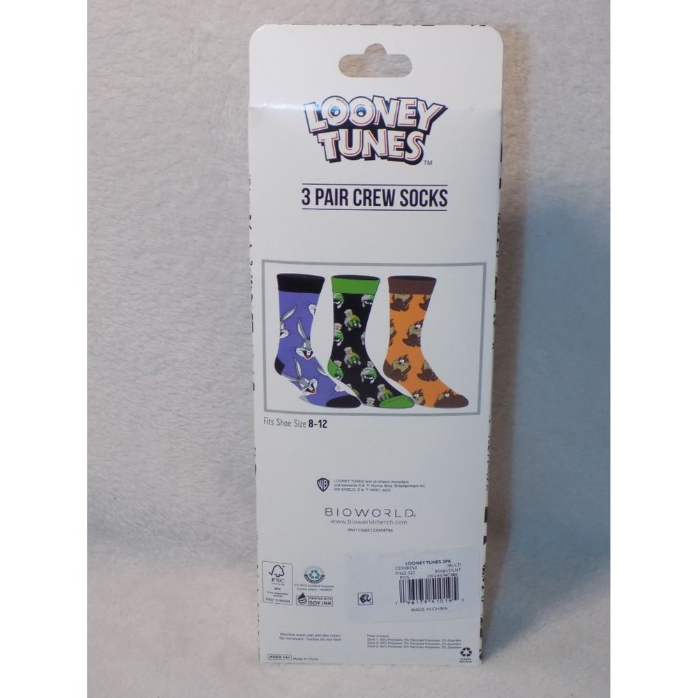 Looney Tunes Bug-Taz-Marvin the Martian Men's 3-Pack Size 8-12 Adult Crew Socks - Picture 4 of 5